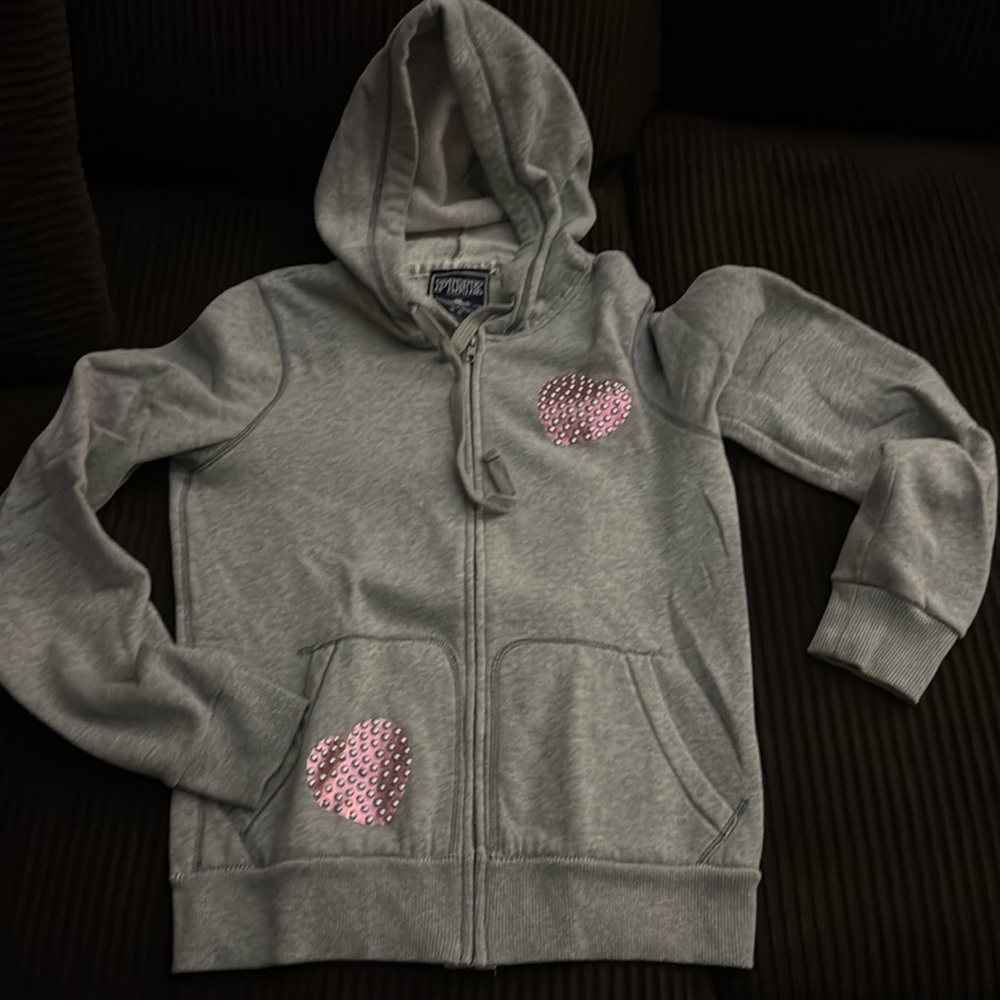 PINK by Victoria’s Secret, grey hoodie embellished with pink hearts/studs Size M - Picture 2 of 14